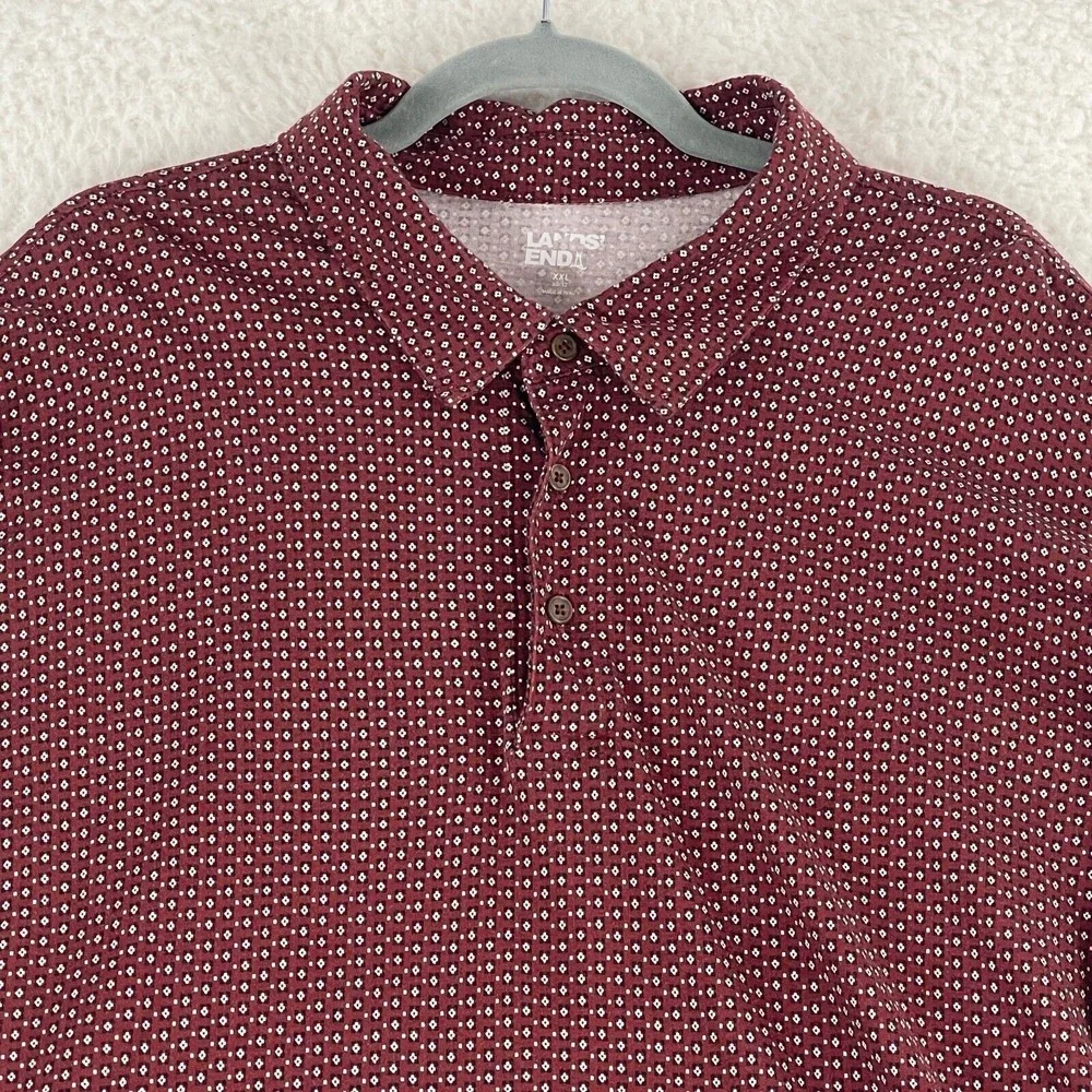Lands'‎ End Red Long Sleeve Polo Shirt Mens Collared Stretch Geo Print Size XXL